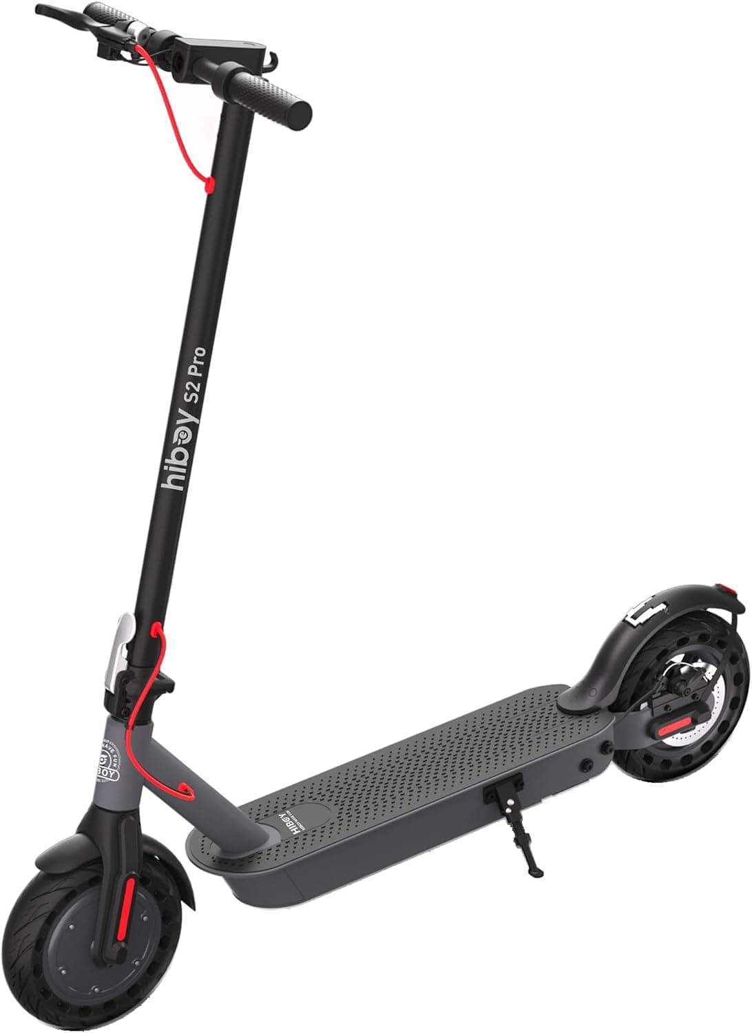 Hiboy S2 Pro electric scooter in graphite black, three-quarter view with red brake cables and 10-inch solid tires